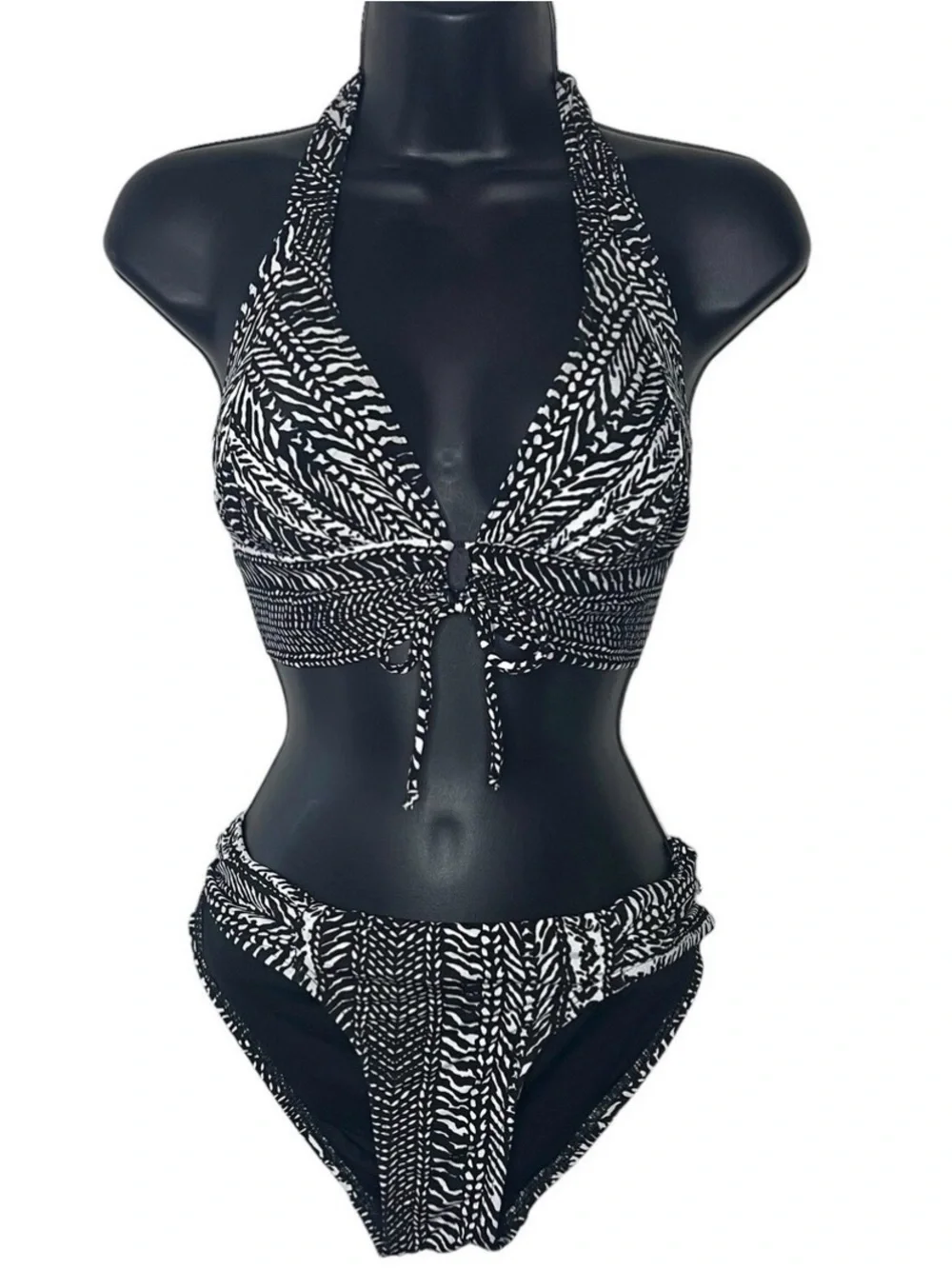 Robin Piccone Black and White Halter Tie-Front Bikini Set